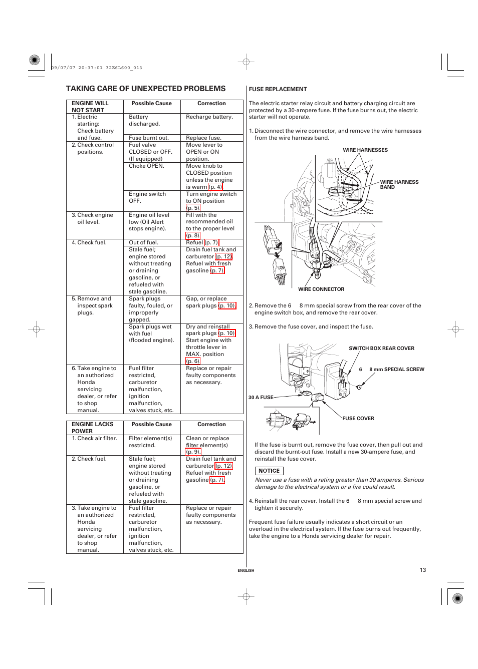 Taking care of unexpected problems, Fuse replacement, Taking care of | Unexpected problems | Unique Industries Honda GX690 User Manual | Page 13 / 60