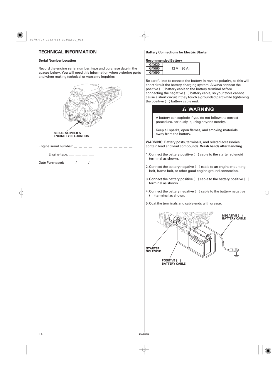 Technical information, Serial number location, Battery connections for electric starter | Technical information .14 | Unique Industries Honda GX690 User Manual | Page 14 / 60
