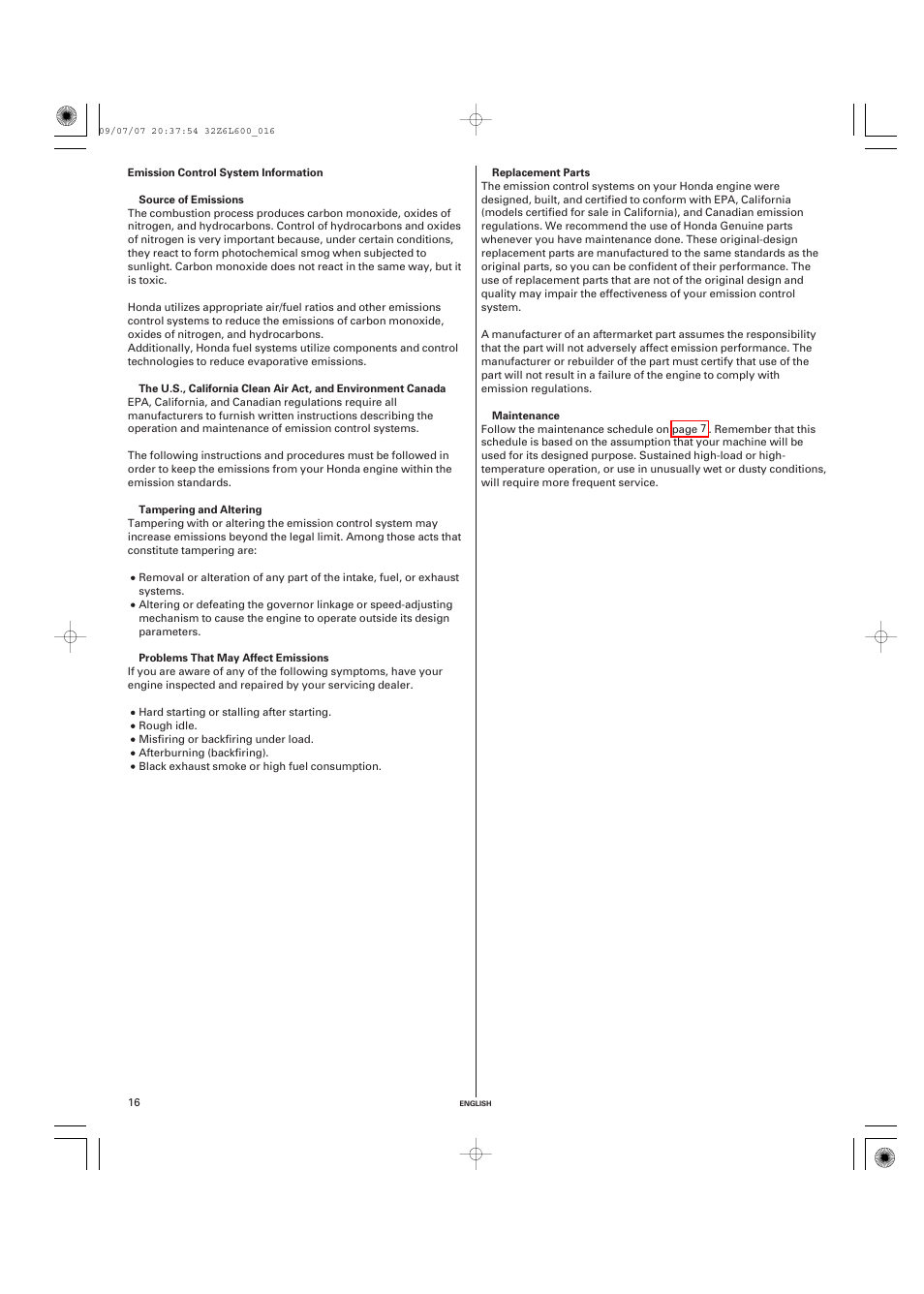 Emission control system information | Unique Industries Honda GX690 User Manual | Page 16 / 60
