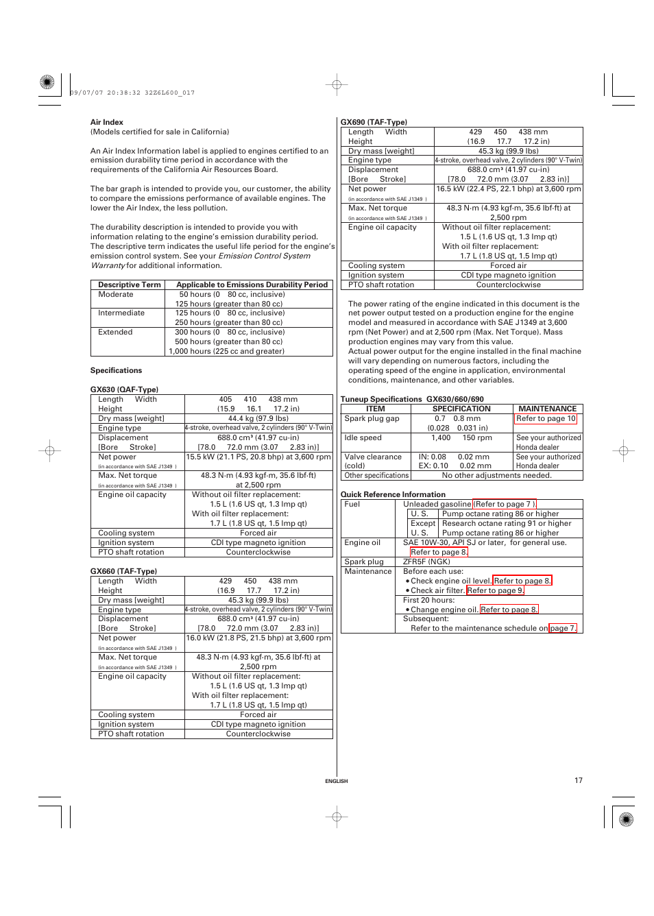 Air index, Specifications, Quick reference information | Unique Industries Honda GX690 User Manual | Page 17 / 60