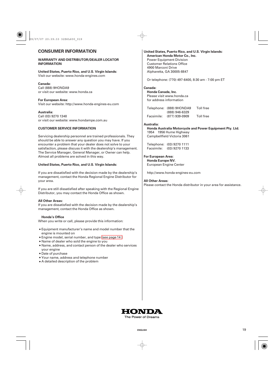 Consumer information, Customer service information, Consumer information .19 | Unique Industries Honda GX690 User Manual | Page 19 / 60