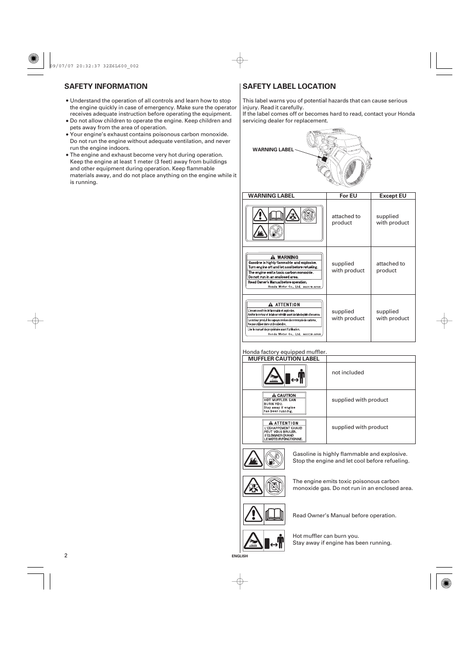 Safety information, Safety label location, Safety information safety label location | Unique Industries Honda GX690 User Manual | Page 2 / 60
