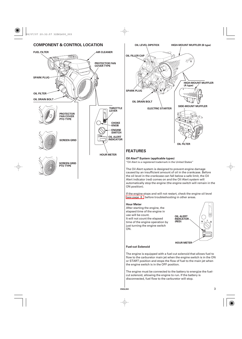 Component & control location, Features, Oil alert® system (applicable types) | Hour meter, Fuel-cut solenoid, Component & control, Location, Features component & control location | Unique Industries Honda GX690 User Manual | Page 3 / 60