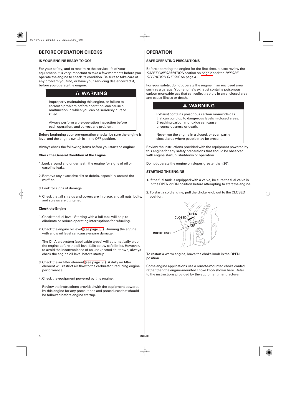 Before operation checks, Is your engine ready to go, Operation | Safe operating precautions, Starting the engine, Before operation, Operation before operation checks | Unique Industries Honda GX690 User Manual | Page 4 / 60