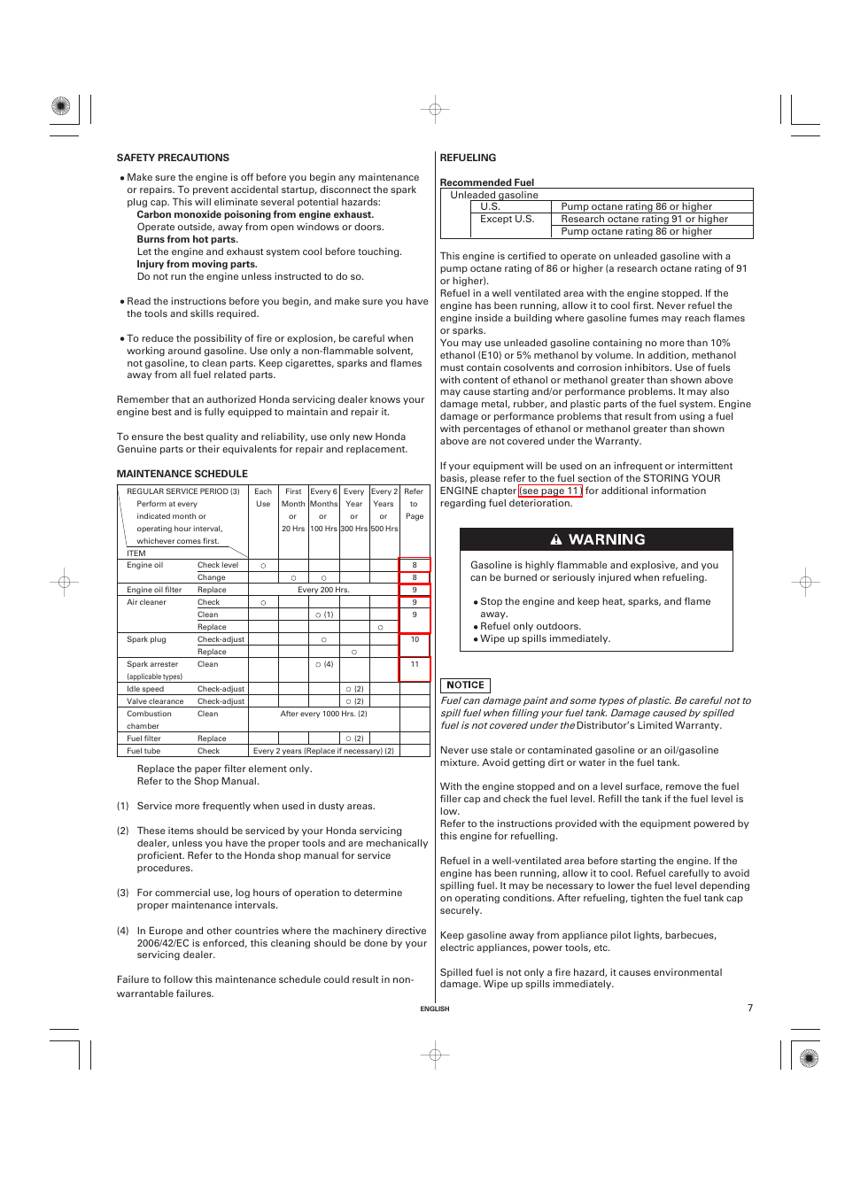 Safety precautions, Maintenance schedule, Refueling | Unique Industries Honda GX690 User Manual | Page 7 / 60