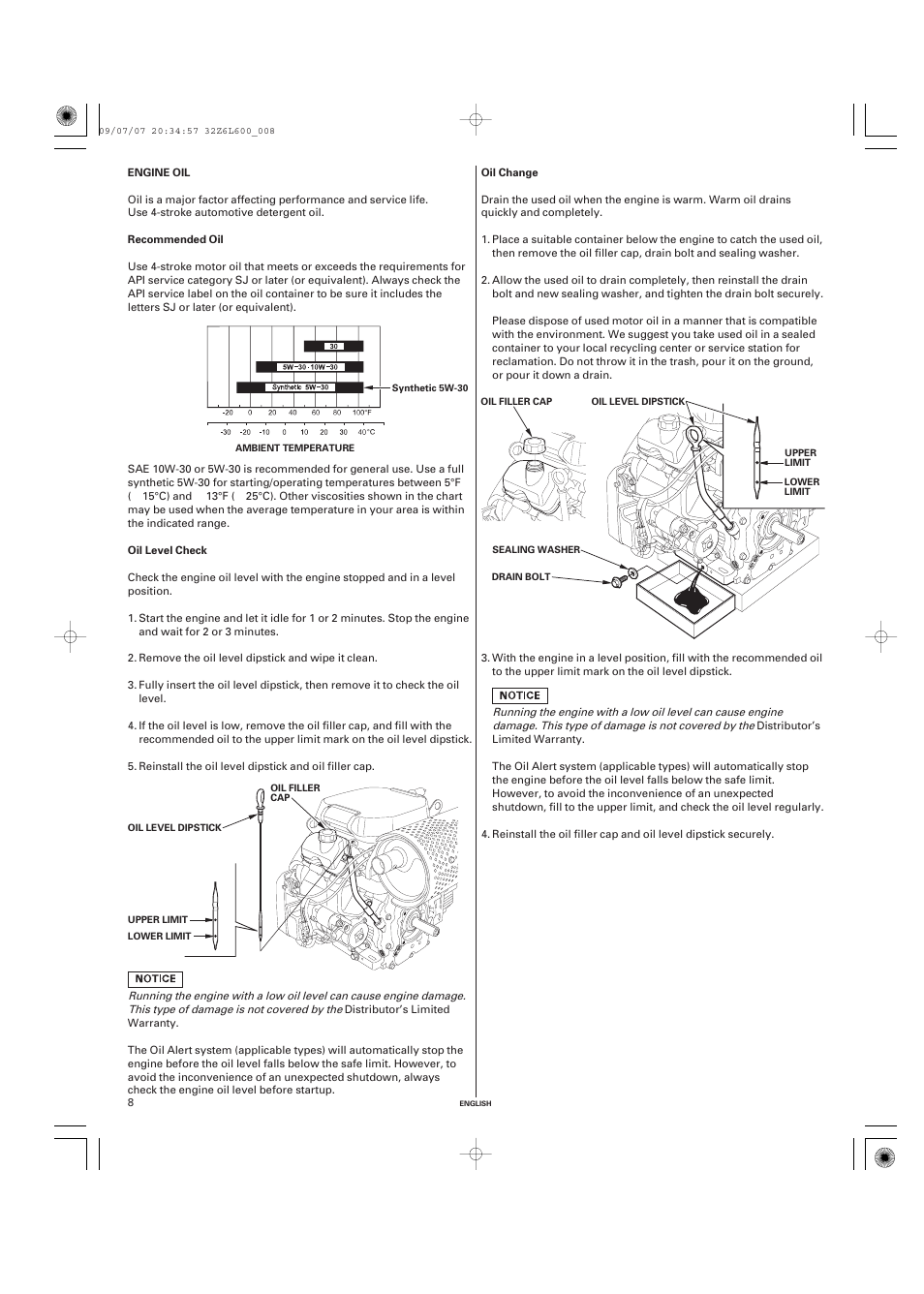 Engine oil, Recommended oil, Oil level check | Oil change | Unique Industries Honda GX690 User Manual | Page 8 / 60