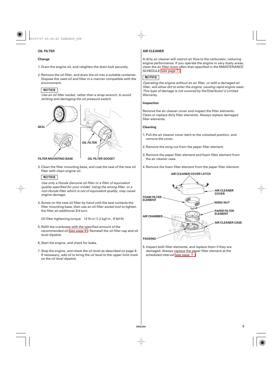 Oil filter, Change, Air cleaner | Inspection, Cleaning | Unique Industries Honda GX690 User Manual | Page 9 / 60
