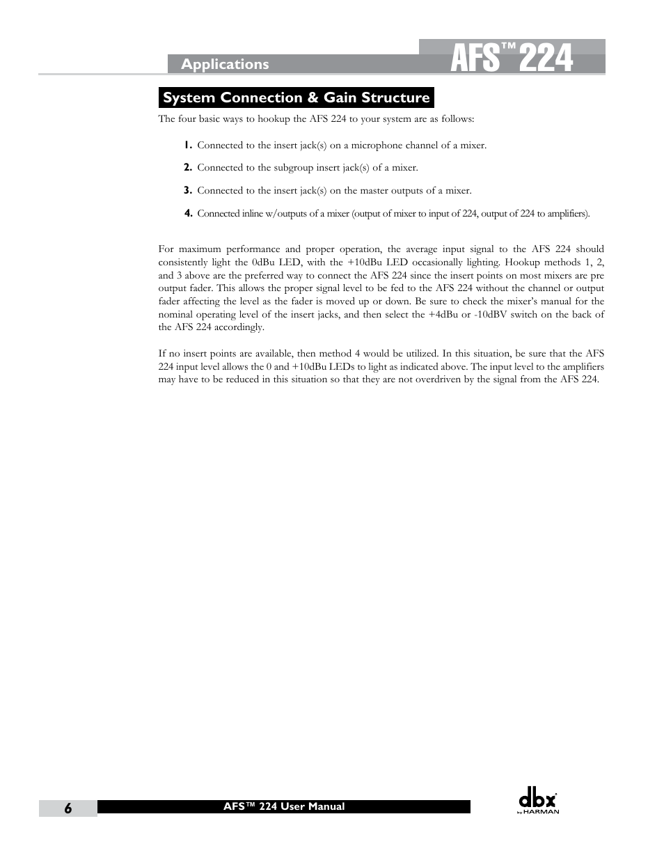 Applications, System connection & gain structure | dbx AFS224 Manual User Manual | Page 10 / 24