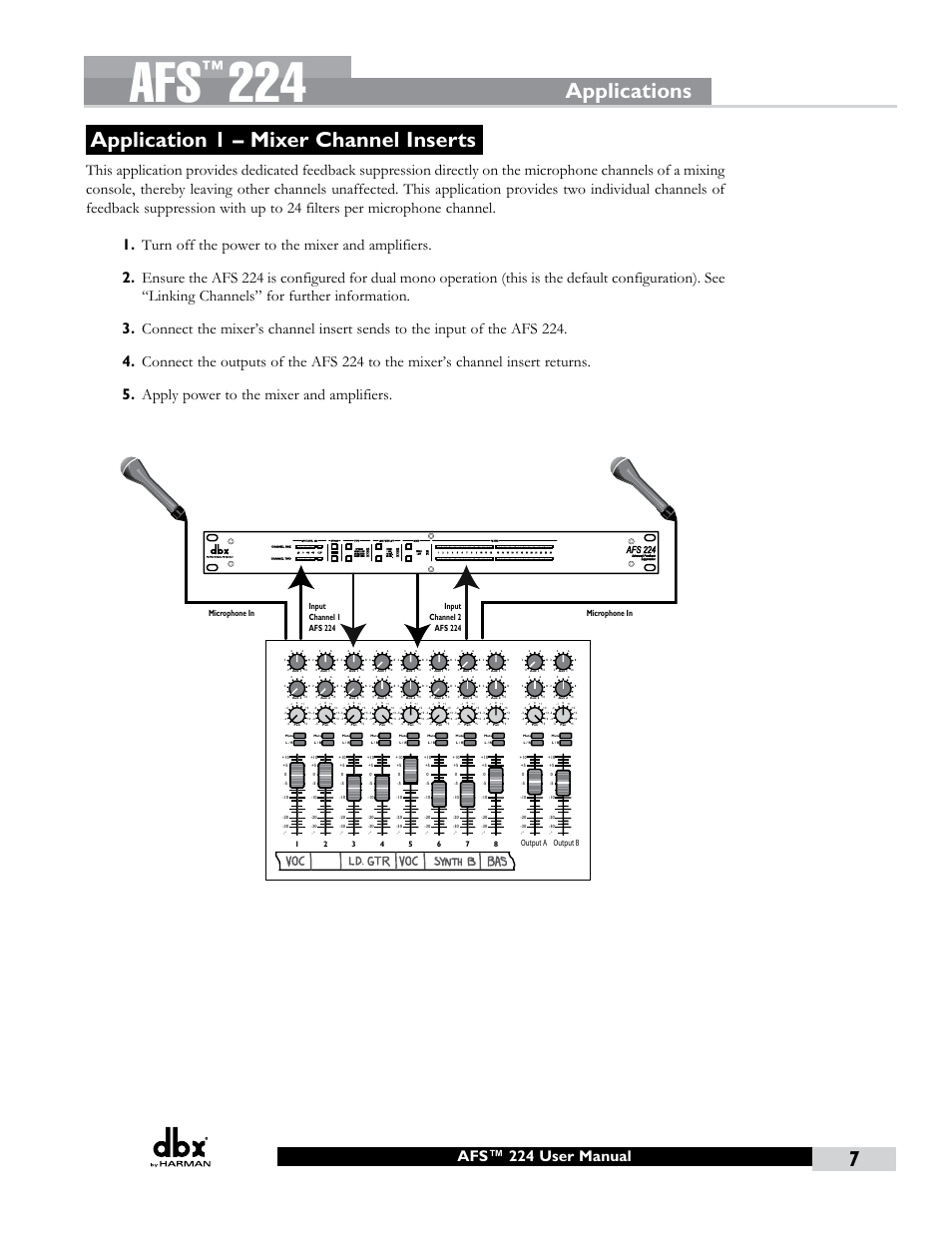 Application 1 – mixer channel inserts, Applications, Insert on microphone channel | Afs™ 224 user manual, Input channel 2 afs 224 microphone in | dbx AFS224 Manual User Manual | Page 11 / 24