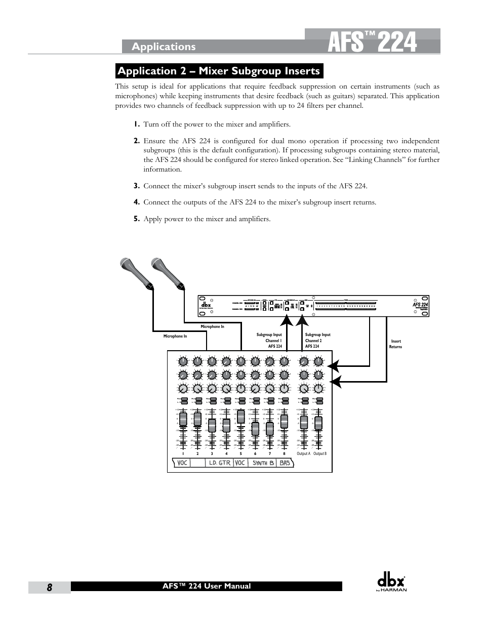 Application 2 – mixer subgroup inserts, Applications, Insert on mains output | Afs™ 224 user manual | dbx AFS224 Manual User Manual | Page 12 / 24