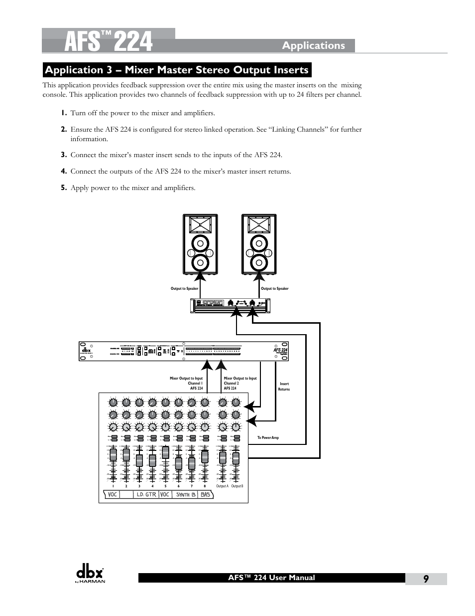 Application 3 – mixer master stereo output inserts, Applications, Insert on mains output | Afs™ 224 user manual | dbx AFS224 Manual User Manual | Page 13 / 24