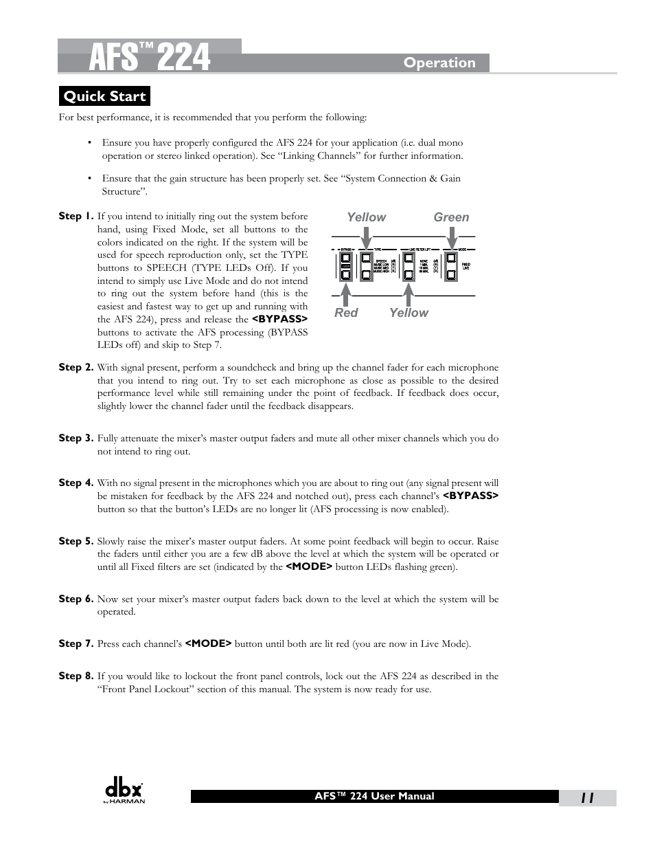 Operation, Quick start | dbx AFS224 Manual User Manual | Page 15 / 24