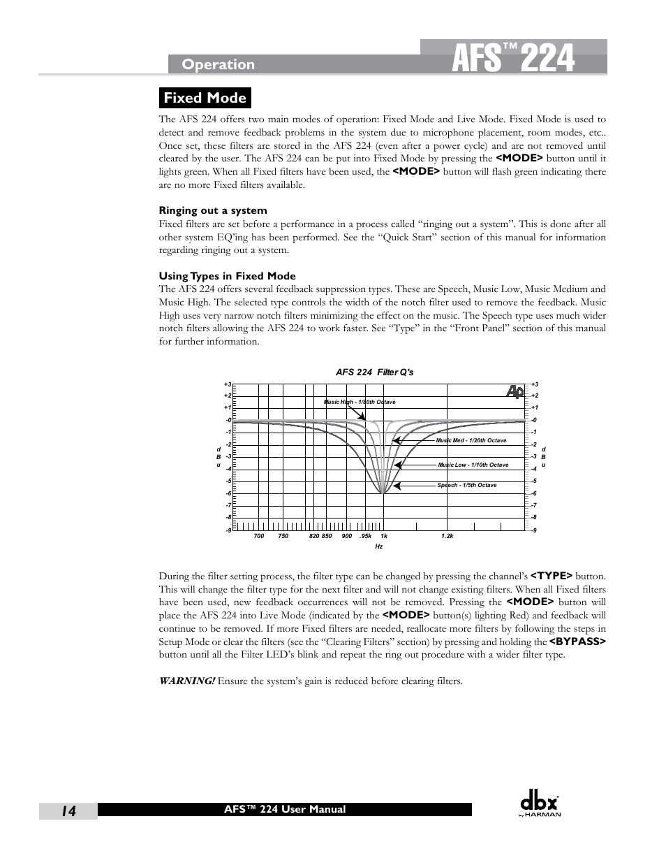 Fixed mode, Operation, Afs™ 224 user manual | dbx AFS224 Manual User Manual | Page 18 / 24