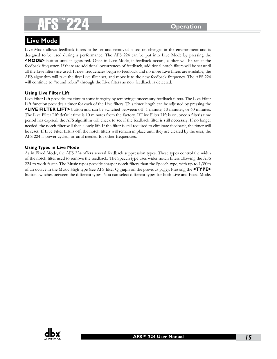 Live mode | dbx AFS224 Manual User Manual | Page 19 / 24