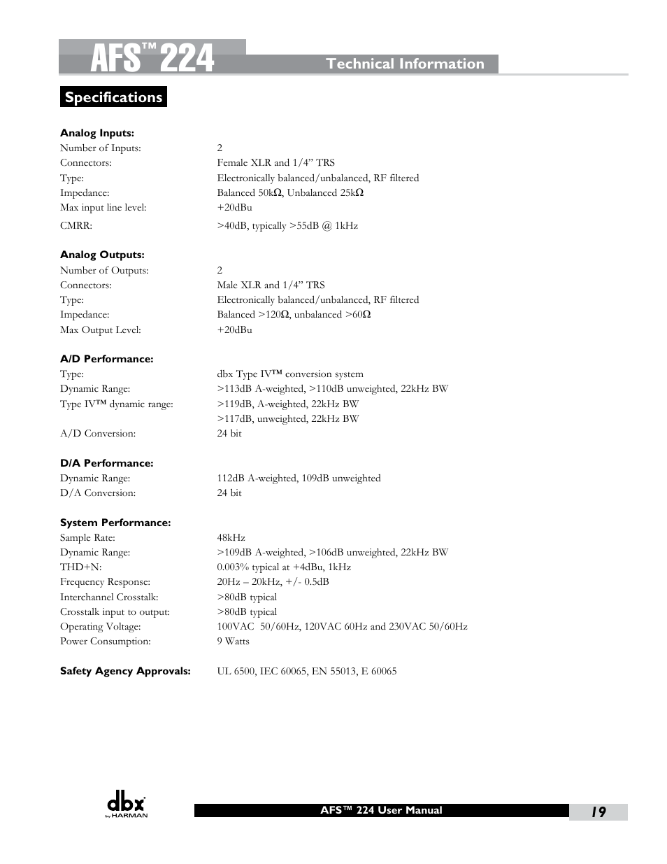 Specifications, Technical information specifications | dbx AFS224 Manual User Manual | Page 23 / 24