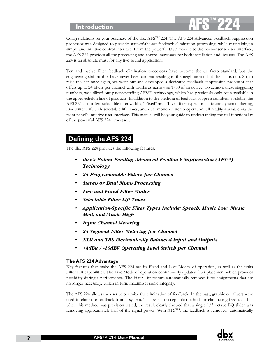 Introduction, Defining the afs 224 | dbx AFS224 Manual User Manual | Page 6 / 24