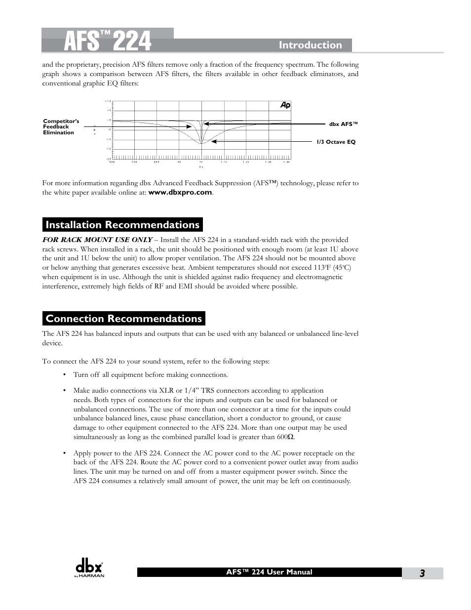 Installation recommendations, Connection recommendations, Introduction | dbx AFS224 Manual User Manual | Page 7 / 24