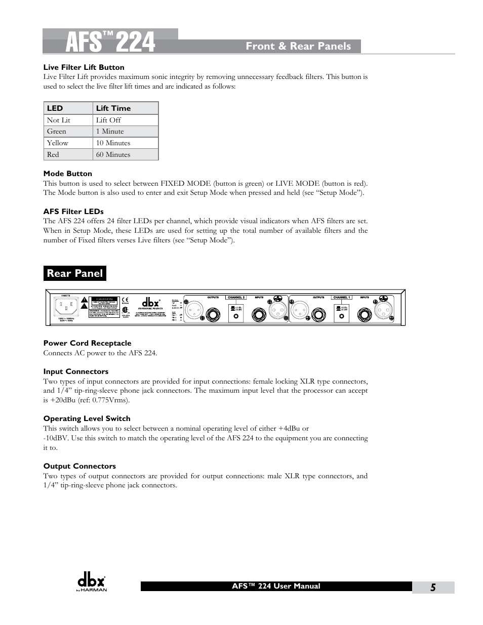Rear panel | dbx AFS224 Manual User Manual | Page 9 / 24