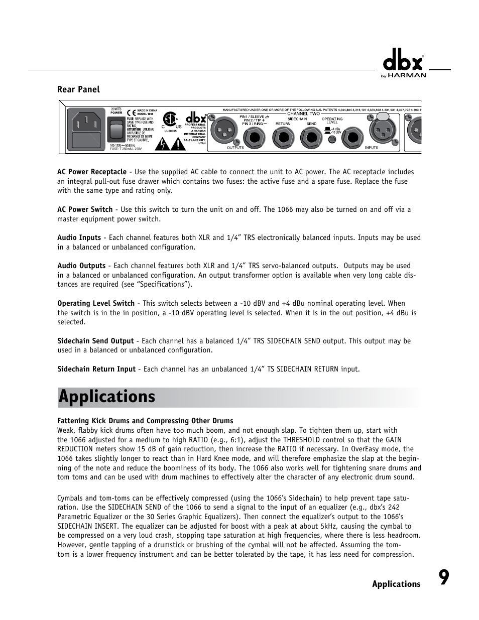 Applications, Rear panel | dbx 1066 User Manual | Page 13 / 24