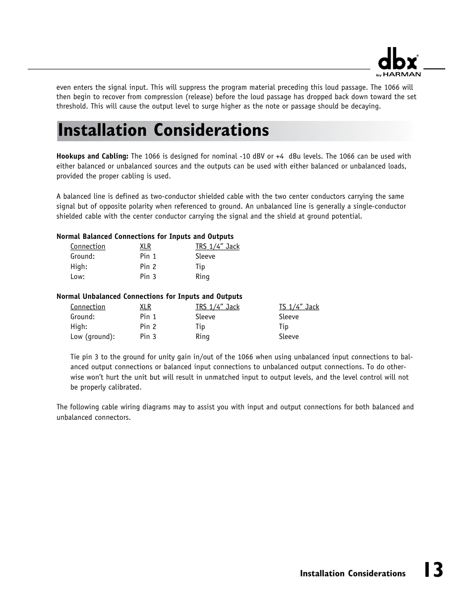 Installation considerations | dbx 1066 User Manual | Page 17 / 24