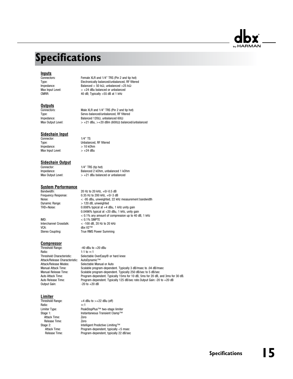 Specifications | dbx 1066 User Manual | Page 19 / 24