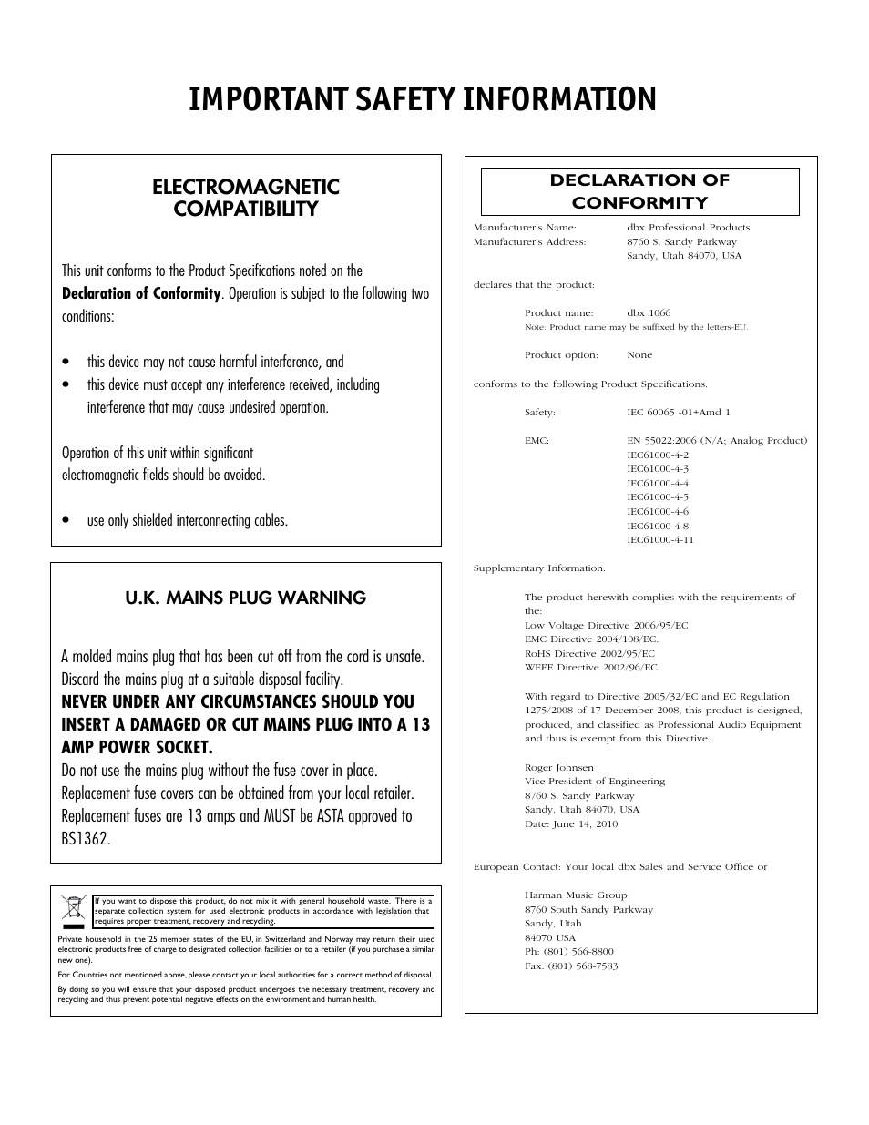 Important safety information, Electromagnetic compatibility, Declaration of conformity | dbx 1066 User Manual | Page 3 / 24