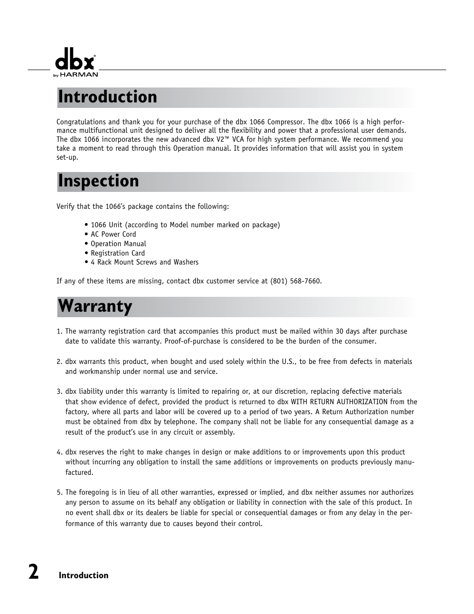 Introduction, Inspection, Warranty | dbx 1066 User Manual | Page 6 / 24