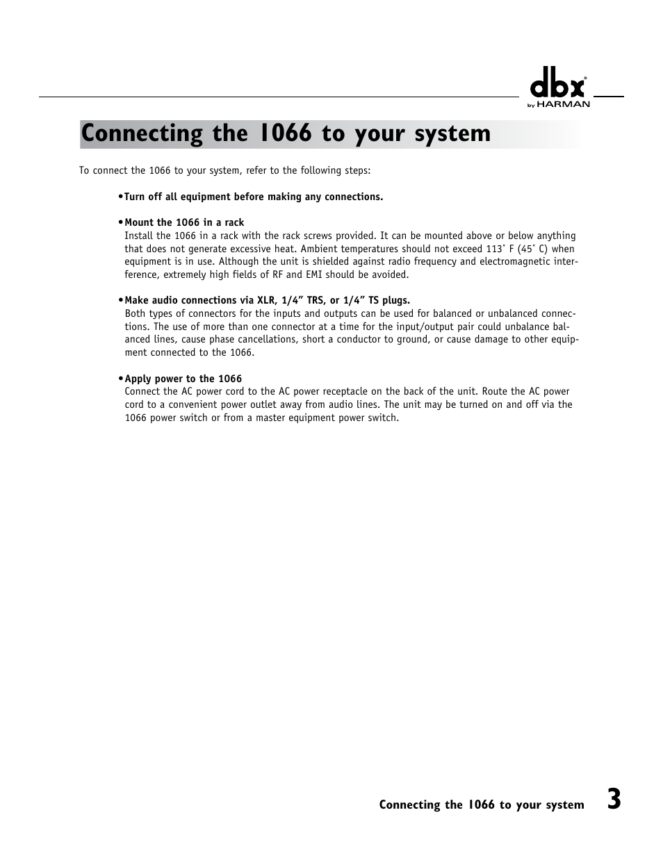 Connecting the 1066 to your system | dbx 1066 User Manual | Page 7 / 24