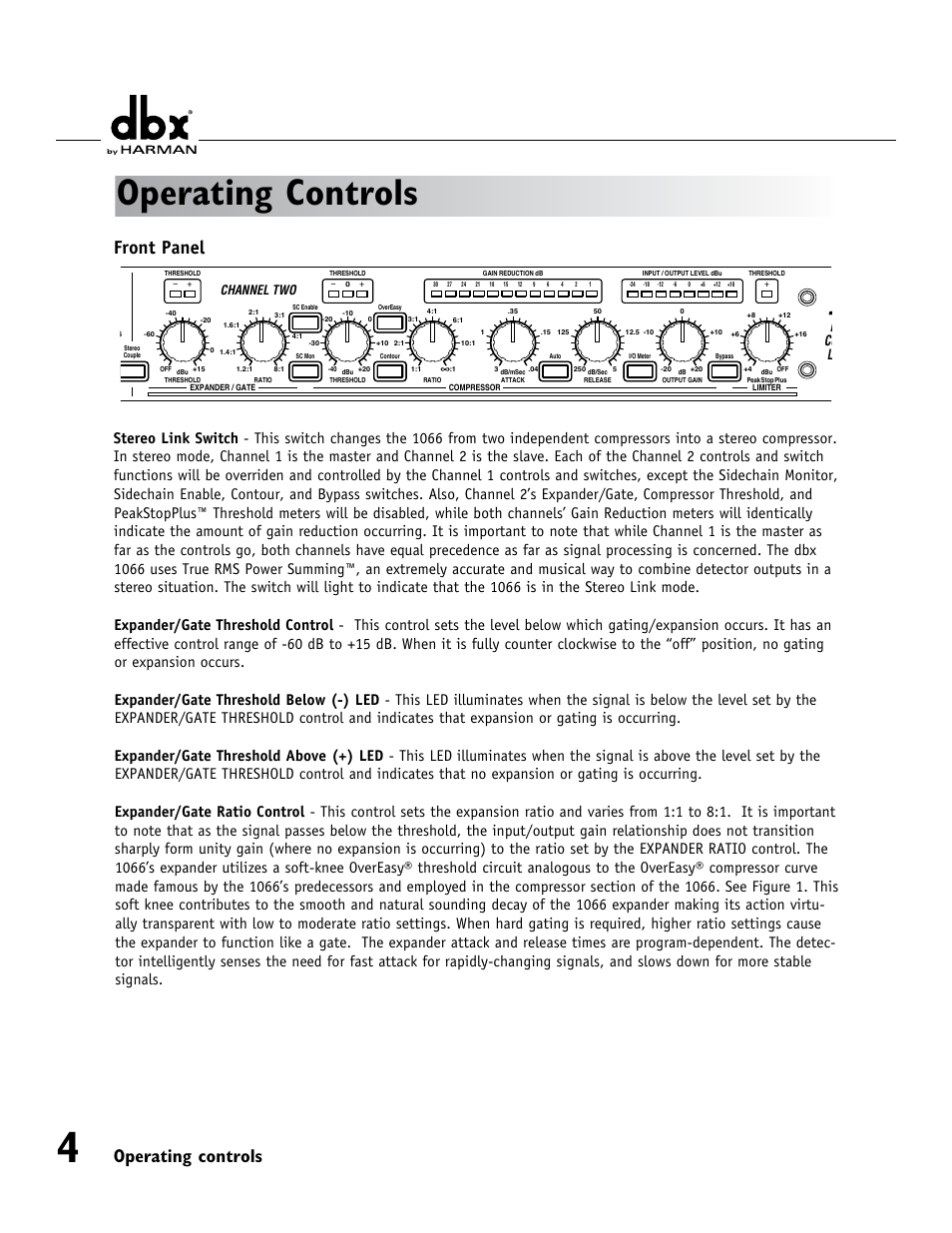 Operating controls, Front panel, Compressor/ limiter/gate | Channel two, Channel one | dbx 1066 User Manual | Page 8 / 24