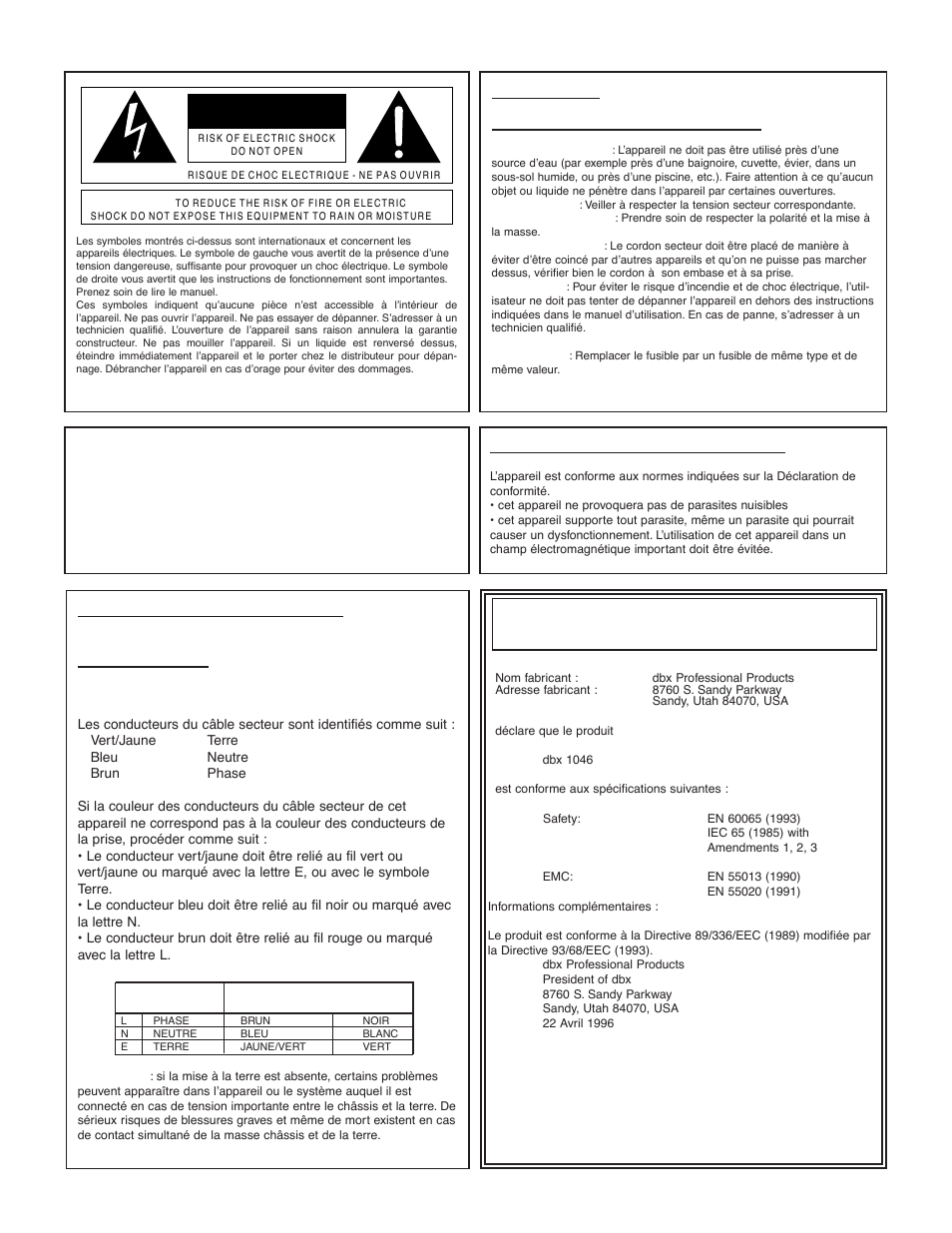 Declaration de conformite, Attention, Instructions de securite | dbx 1046 User Manual | Page 12 / 48