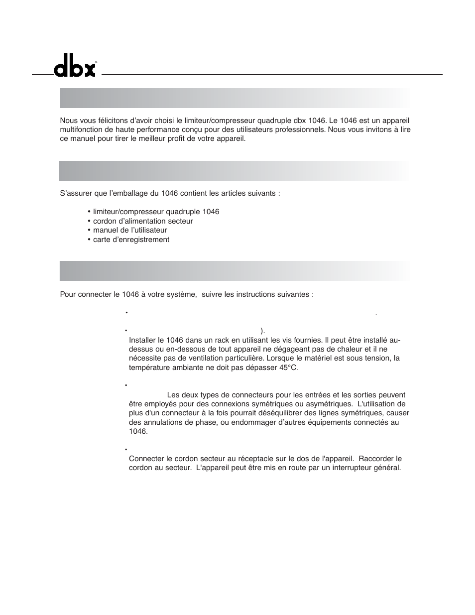 Introduction vérification connexions | dbx 1046 User Manual | Page 14 / 48