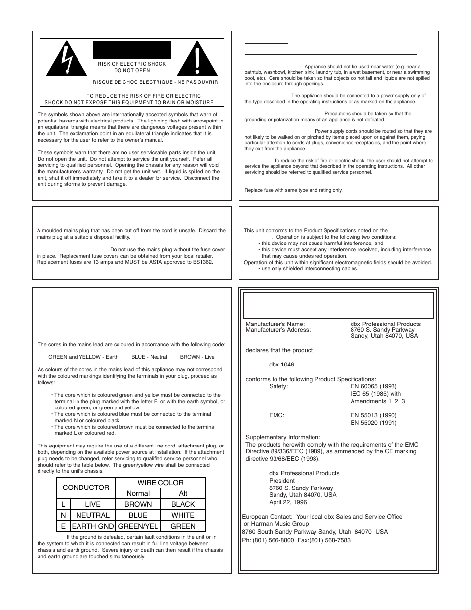 Declaration of conformity, Warning, Safety instructions | U.k. mains plug warning, Electromagnetic compatibility | dbx 1046 User Manual | Page 2 / 48