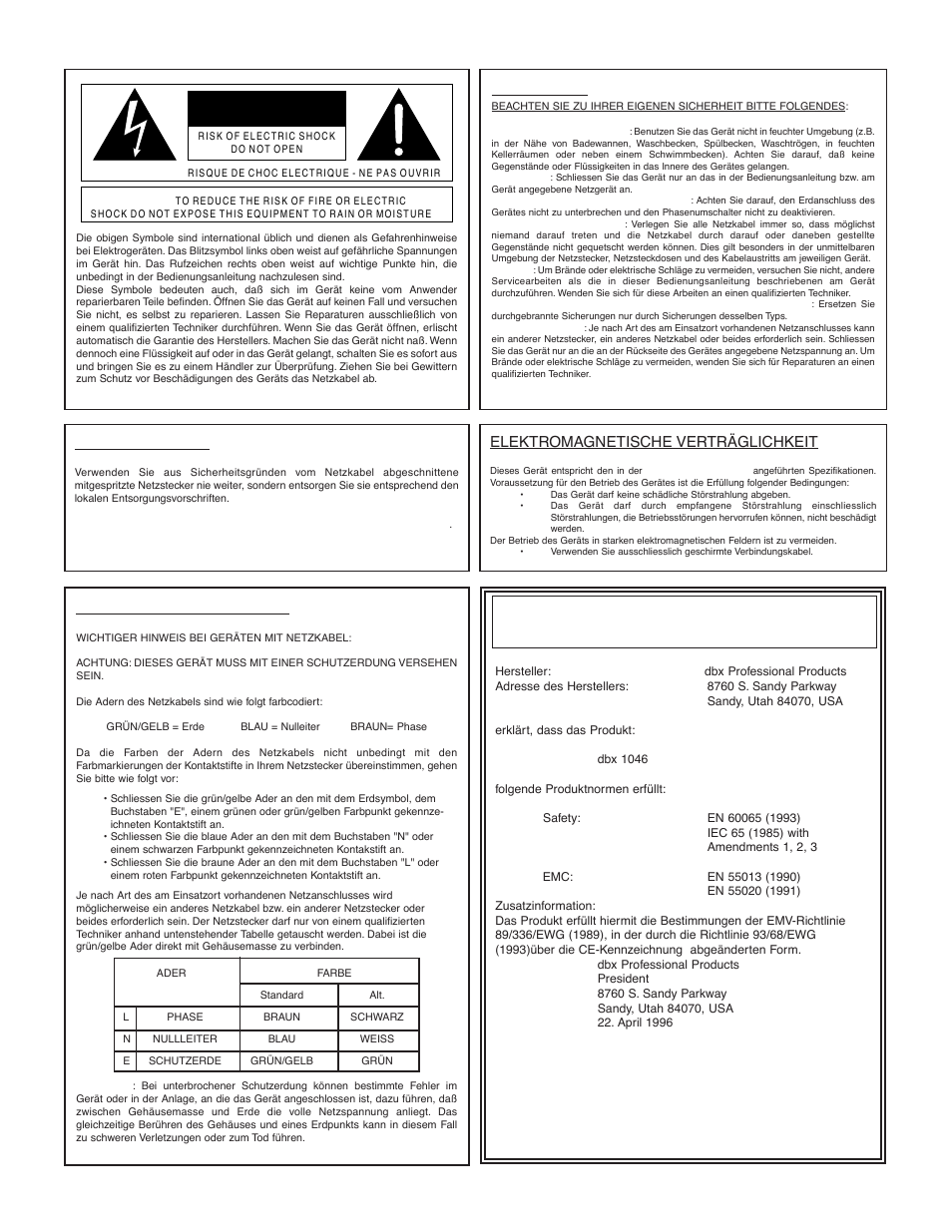 Konformitätserklärung, Warnung, Sicherheitshinweise | Netzstecker, Elektromagnetische verträglichkeit | dbx 1046 User Manual | Page 22 / 48