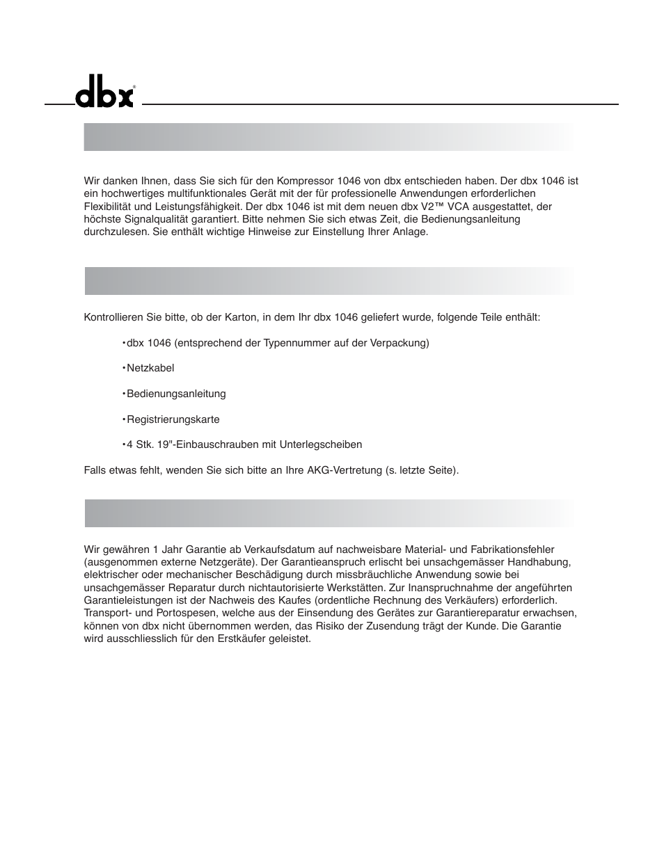 Garantiebedingungen kontrolle, Einleitung | dbx 1046 User Manual | Page 24 / 48