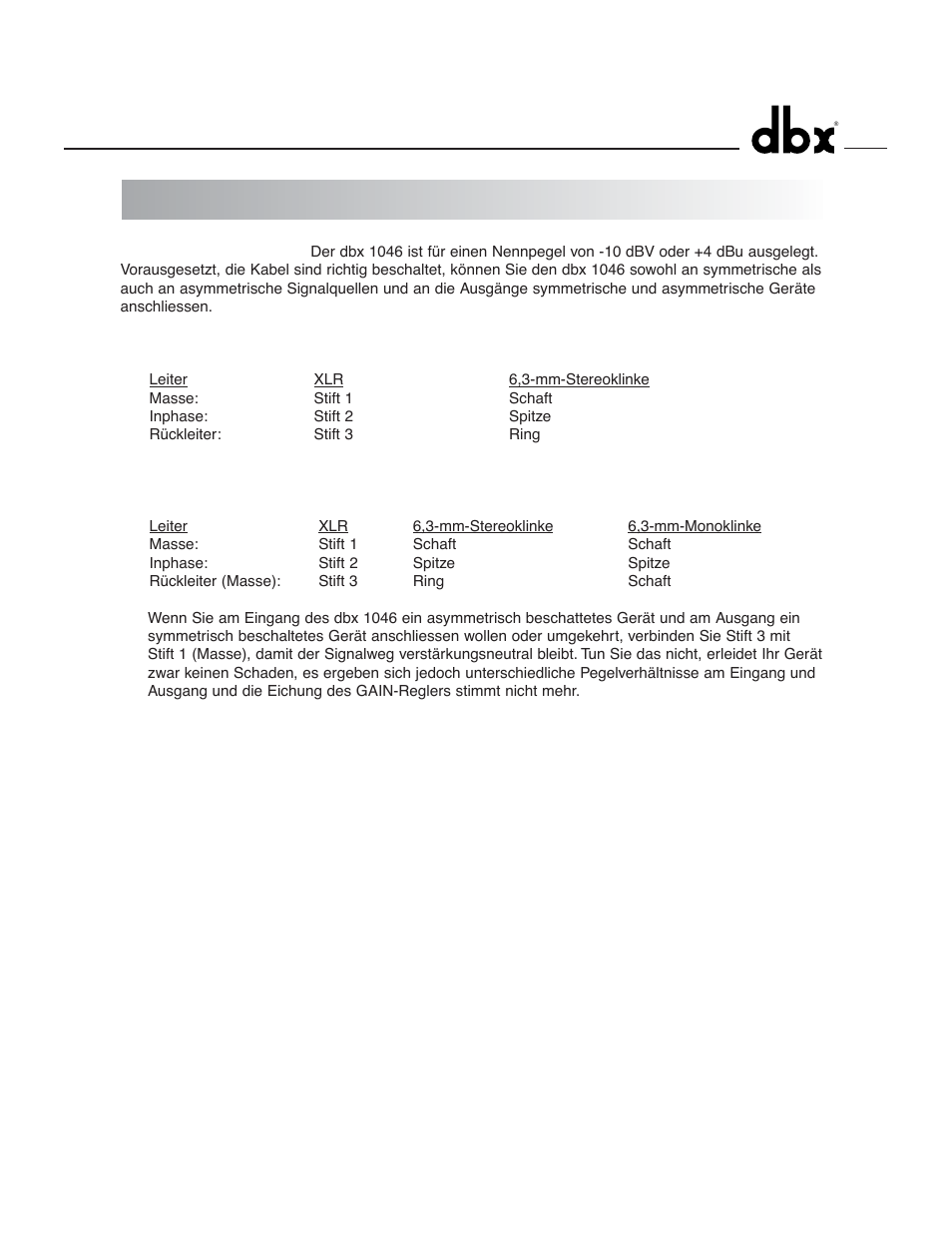 Anschlusshinweise | dbx 1046 User Manual | Page 31 / 48