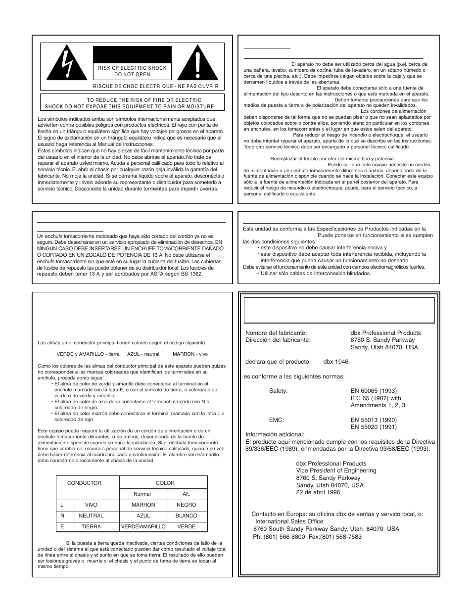 Declaracion de conformidad, Atencion, Instrucciones de seguridad | Compatibilidad electromagnetica | dbx 1046 User Manual | Page 34 / 48