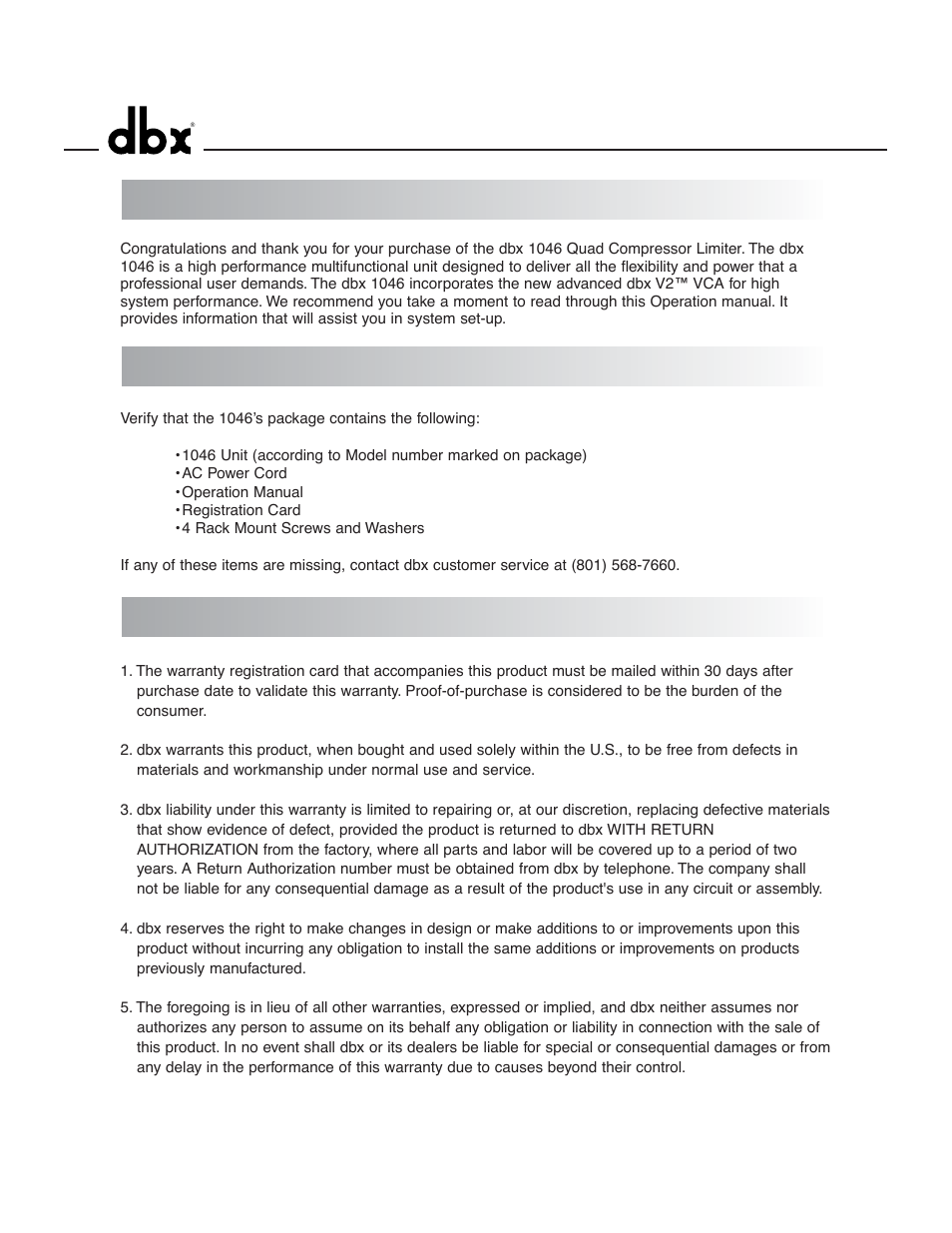Warranty inspection introduction | dbx 1046 User Manual | Page 4 / 48