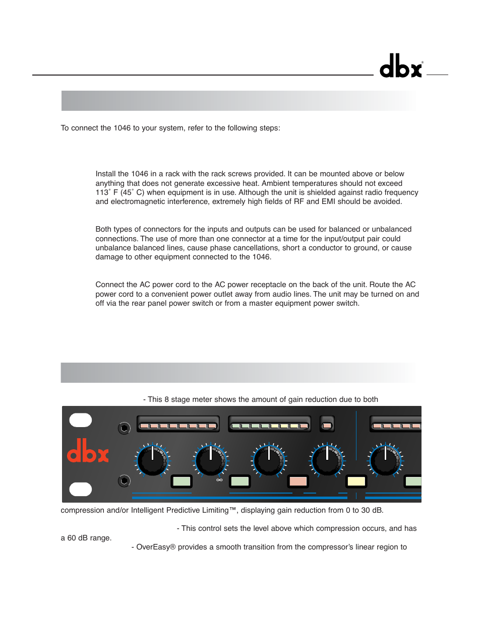 Connecting the 1046 to your system, Operating controls, Front panel | dbx 1046 User Manual | Page 5 / 48