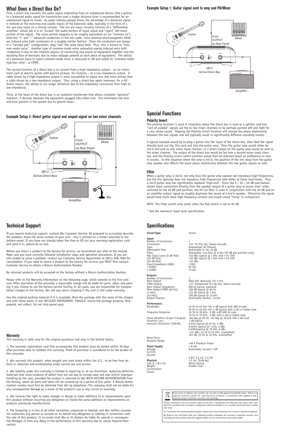 Technical support, Special functions, What does a direct box do | Specifications | dbx db12 User Manual | Page 2 / 2