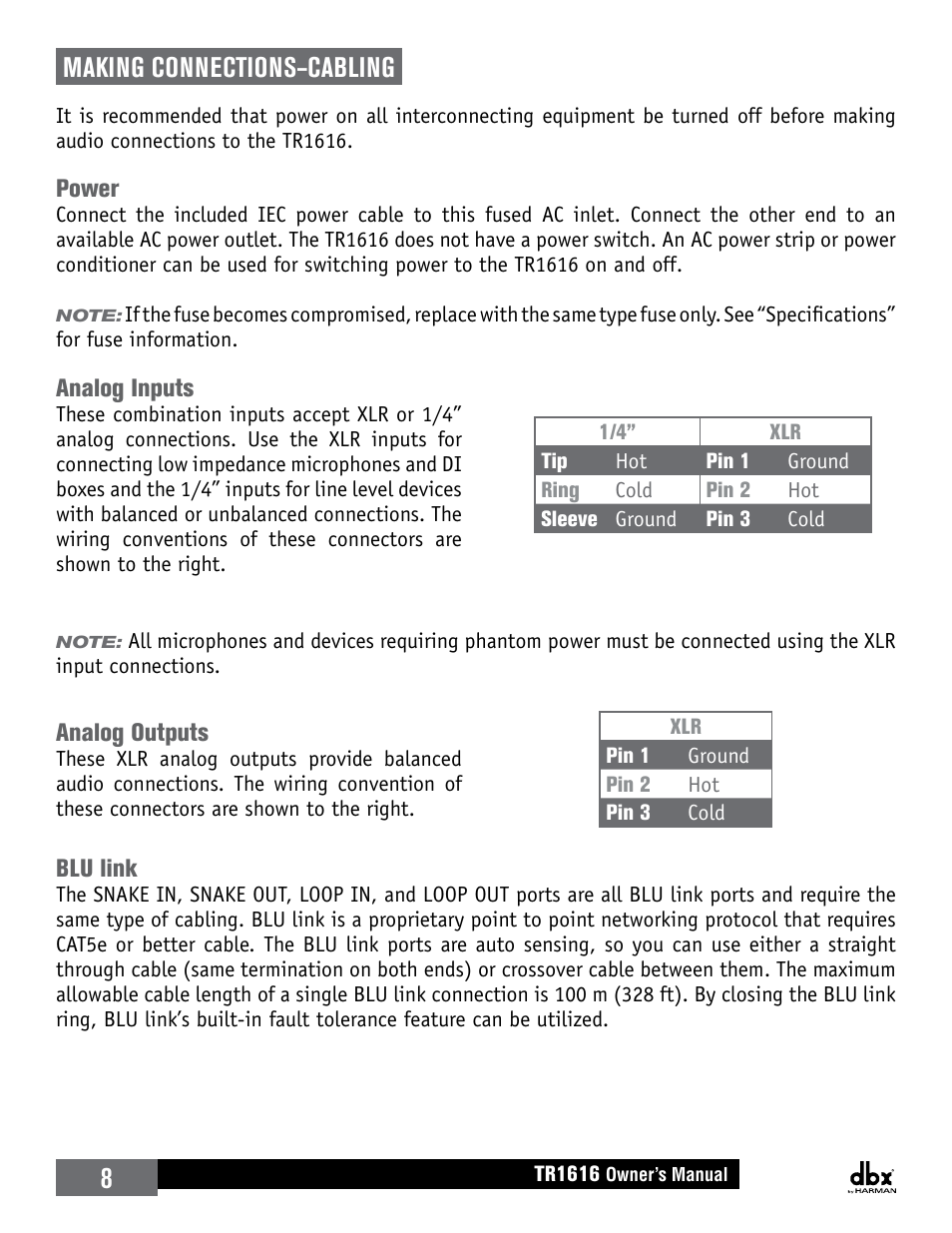 Making connections–cabling, Power, Blu link | Analog inputs, Analog outputs, Power blu link analog inputs analog outputs | dbx TR1616 User Manual | Page 14 / 32