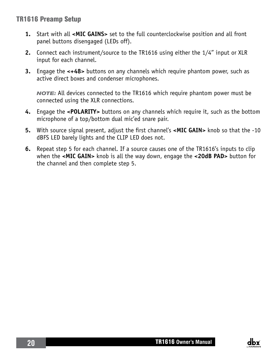 Tr1616 preamp setup | dbx TR1616 User Manual | Page 26 / 32