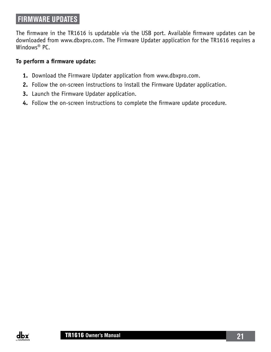 Firmware updates | dbx TR1616 User Manual | Page 27 / 32