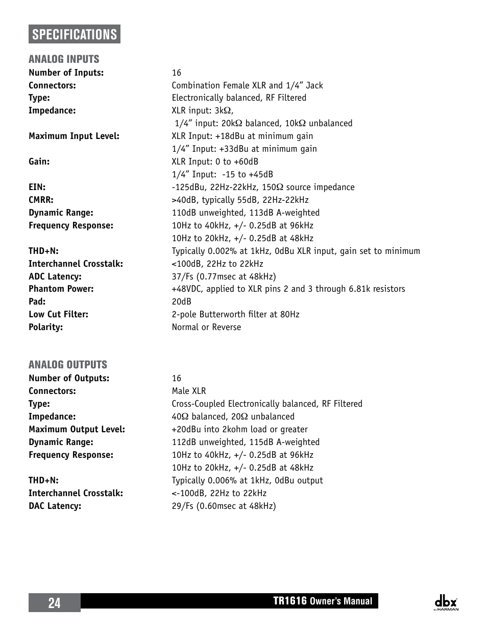 Specifications | dbx TR1616 User Manual | Page 30 / 32