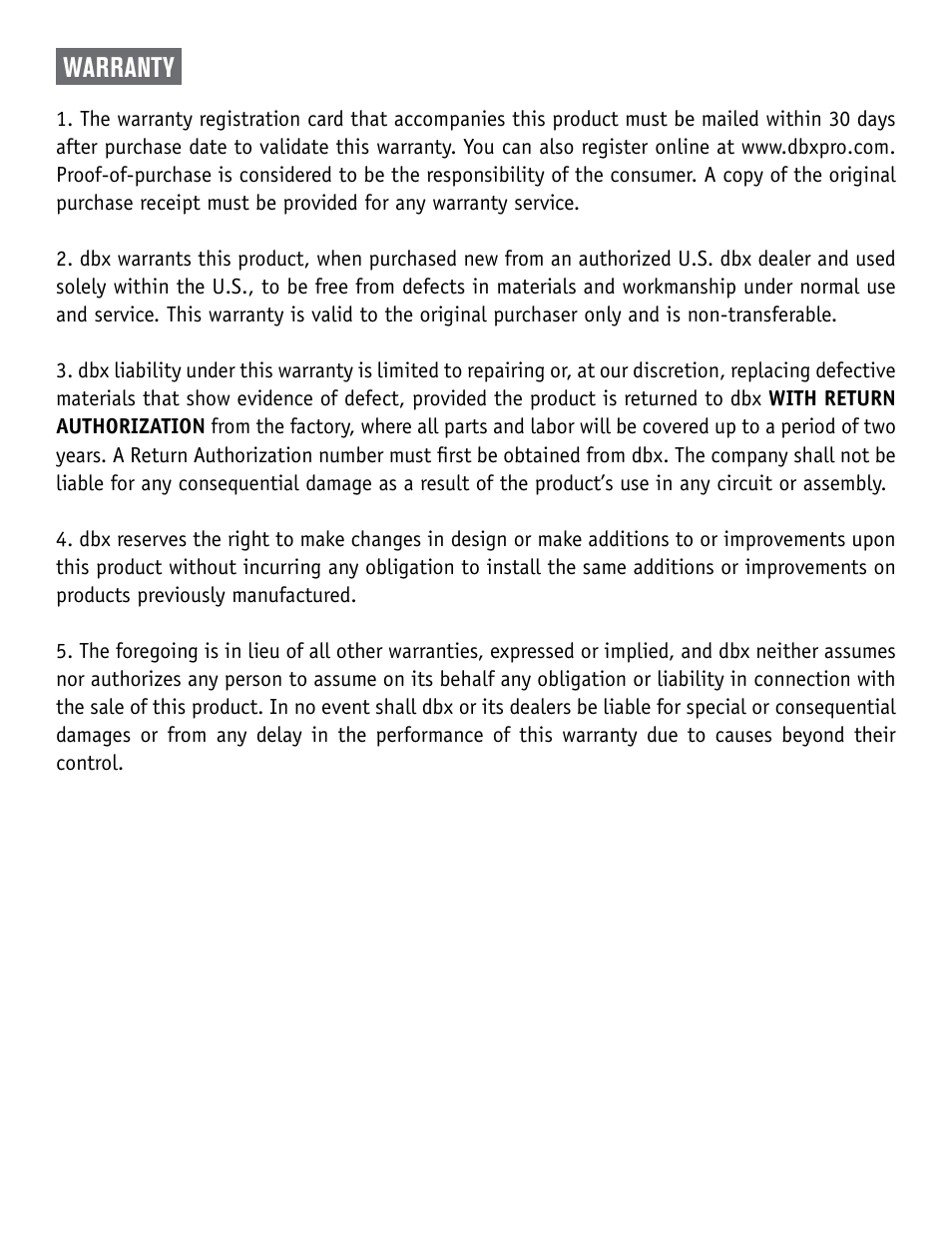 Warranty | dbx TR1616 User Manual | Page 5 / 32