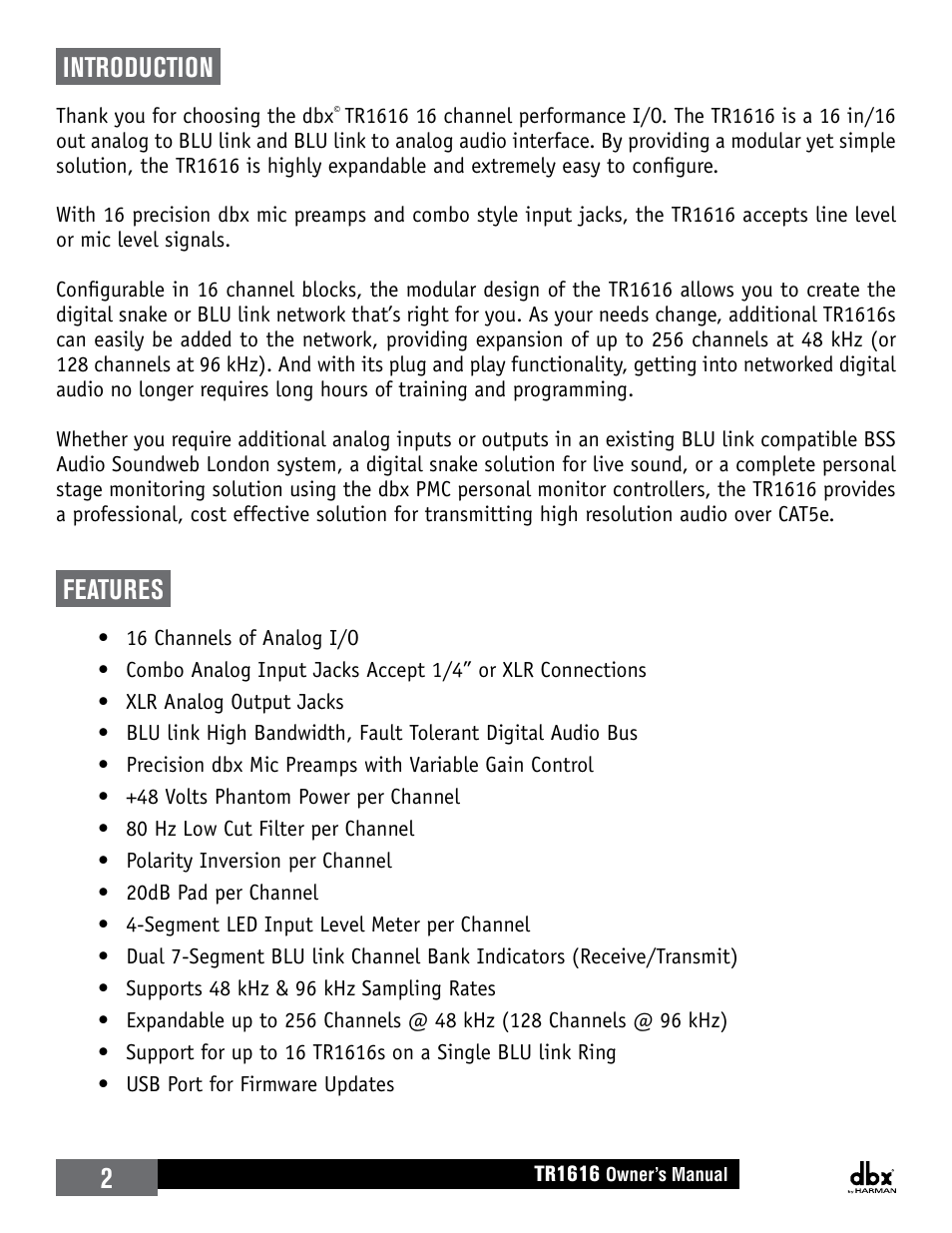 Introduction, Features | dbx TR1616 User Manual | Page 8 / 32