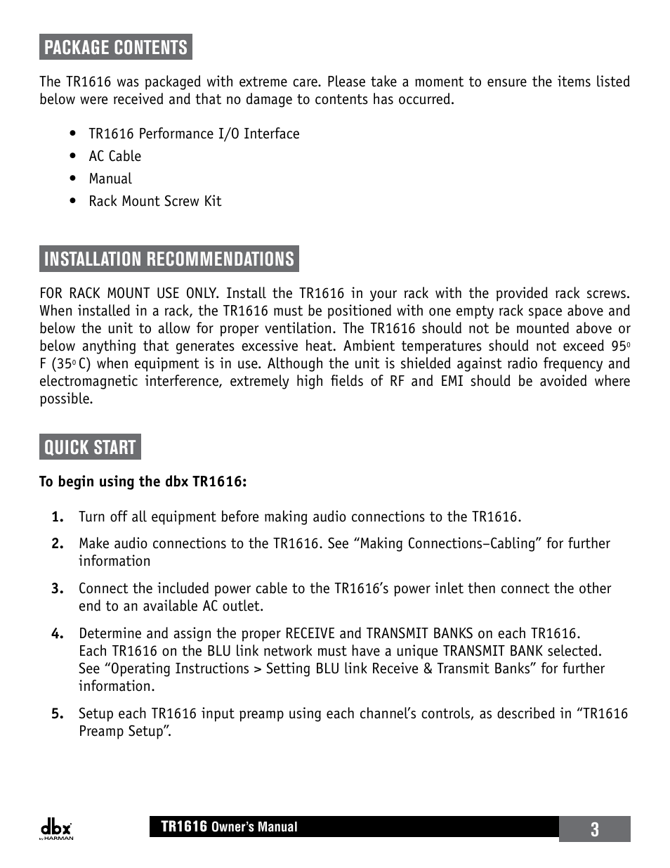 Package contents, Installation recommendations, Quick start | dbx TR1616 User Manual | Page 9 / 32