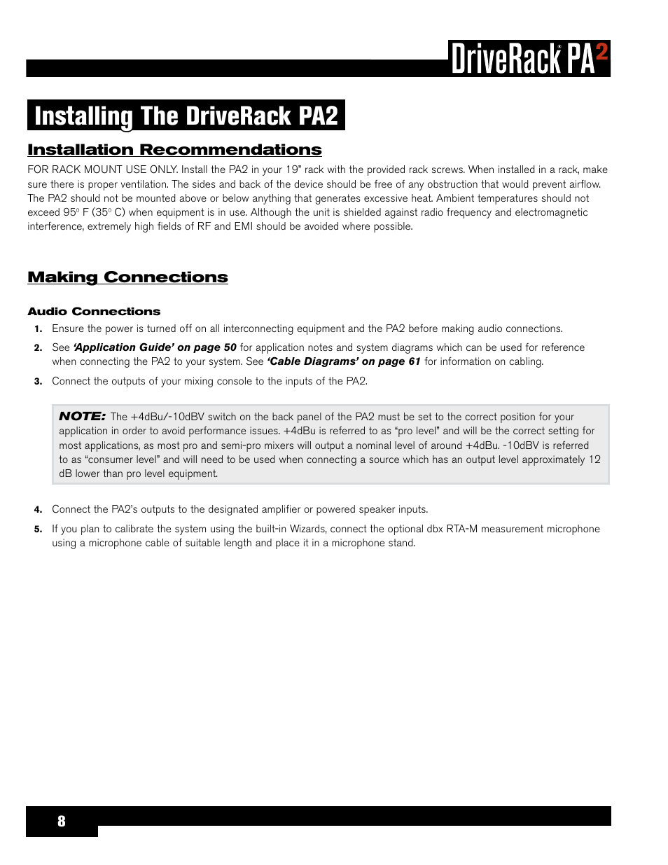 Installing the driverack pa2, Installation recommendations, Making connections | Audio connections | dbx DriveRack PA2 User Manual | Page 12 / 70