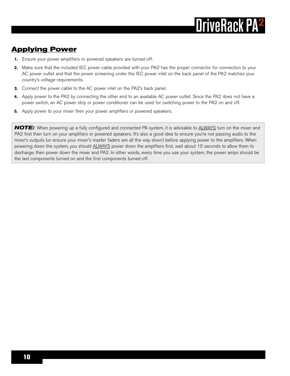 Applying power | dbx DriveRack PA2 User Manual | Page 14 / 70