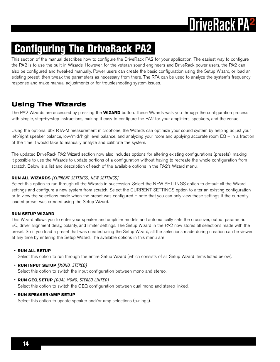 Configuring the driverack pa2, Using the wizards | dbx DriveRack PA2 User Manual | Page 18 / 70