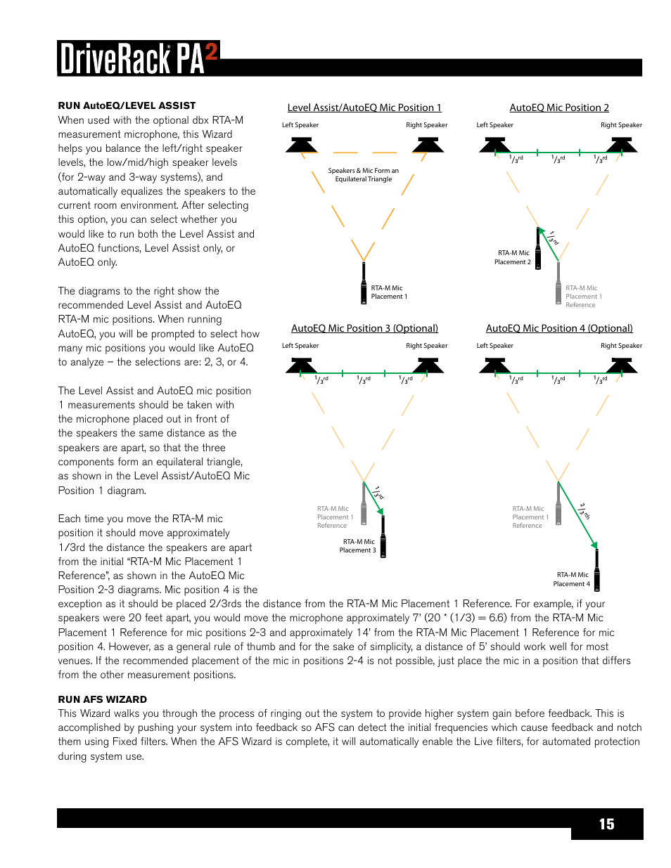 Autoeq mic position 3 (optional), Autoeq mic position 2, Level assist/autoeq mic position 1 | dbx DriveRack PA2 User Manual | Page 19 / 70